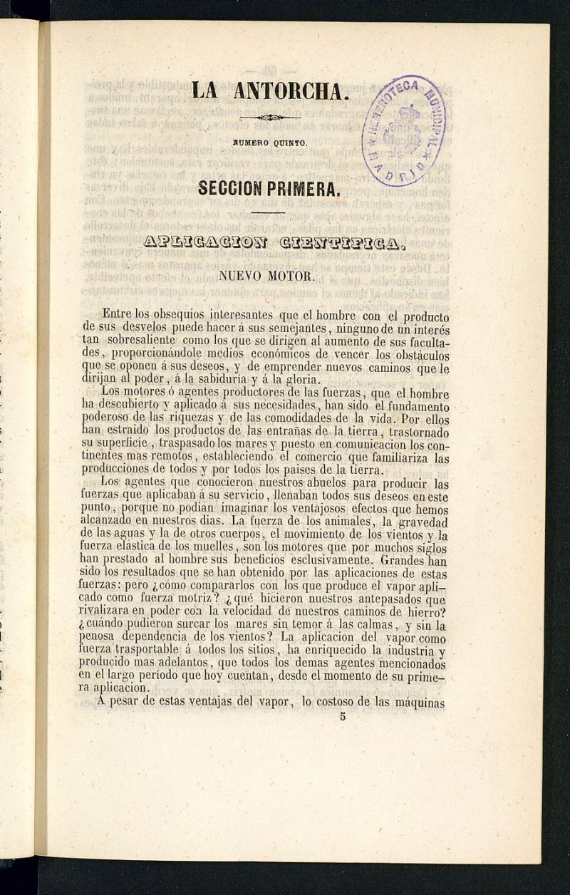 La Antorcha: peridico cientfico industrial del ao 1852, n 5