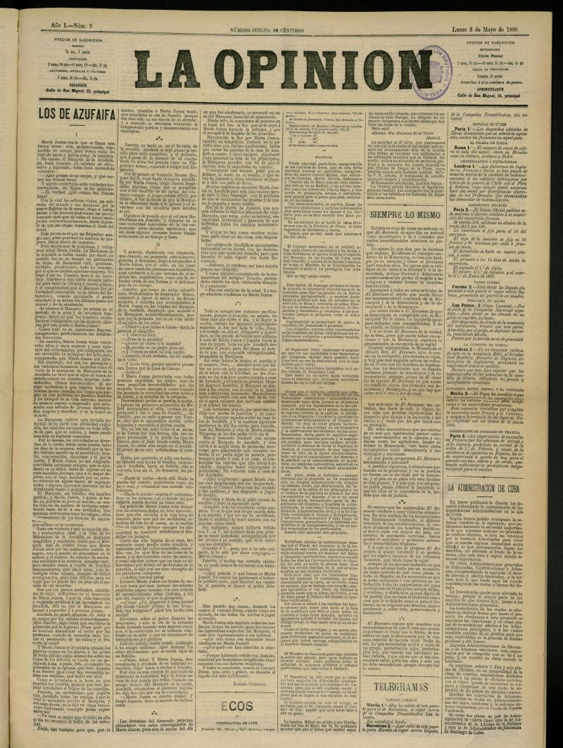 La Opinin del 3 de mayo de 1886, n 3