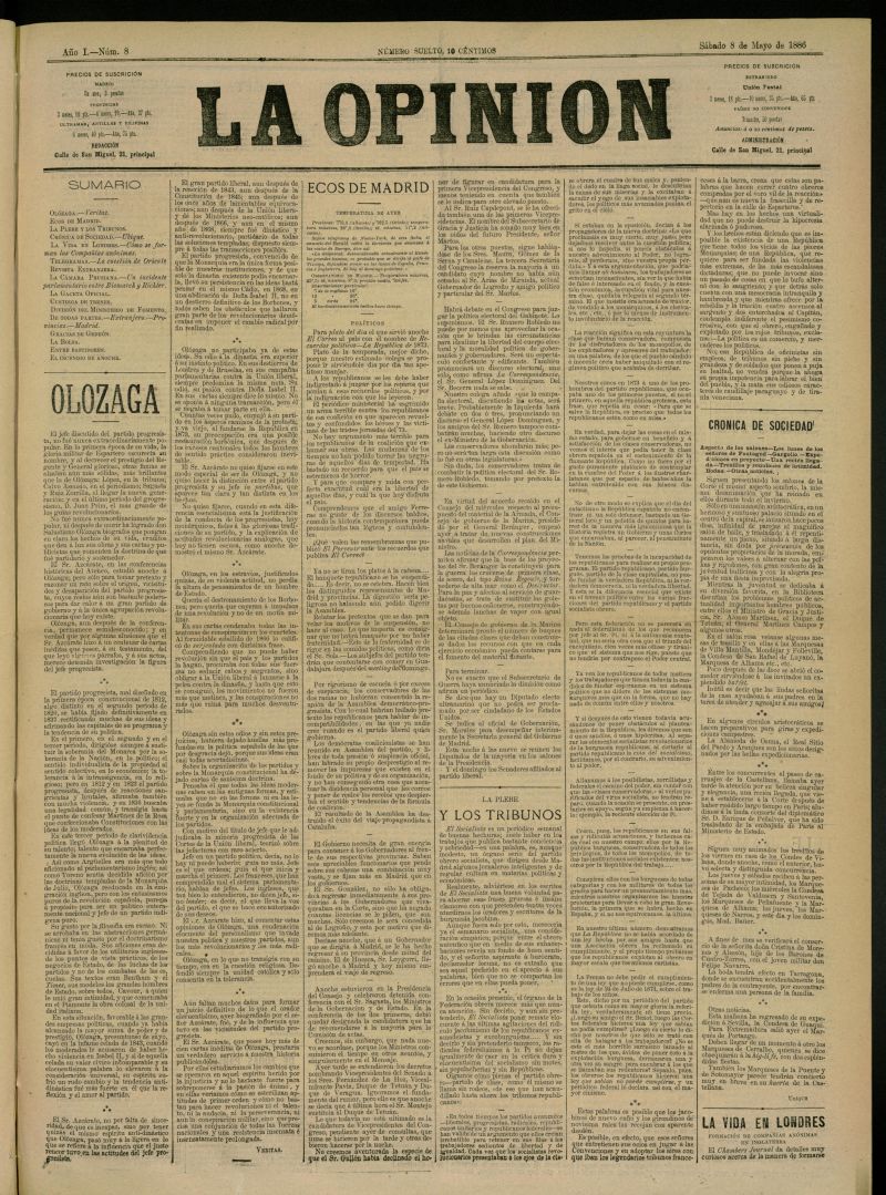 La Opinin del 8 de mayo de 1886, n 8