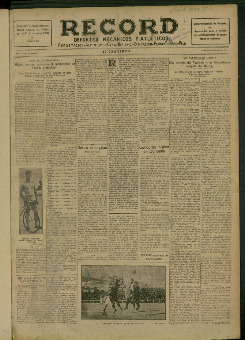 Record: deportes mecnicos y atlticos: aerostacin, alpinismo, caza, hipismo, patinacin, pesca, turismo, vela del 14 de septiembre de 1925, n 1