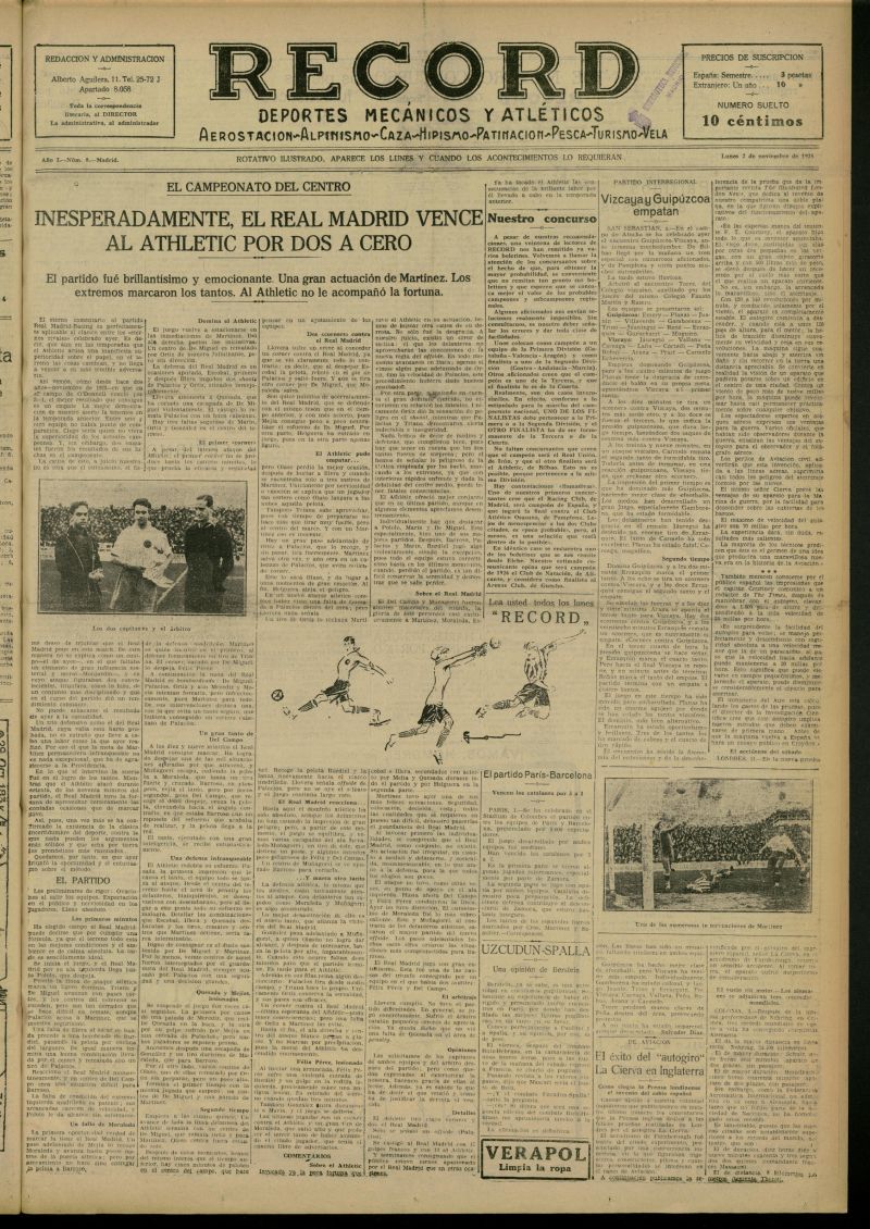 Record: deportes mecnicos y atlticos: aerostacin, alpinismo, caza, hipismo, patinacin, pesca, turismo, vela del 2 de noviembre de 1925, n 8