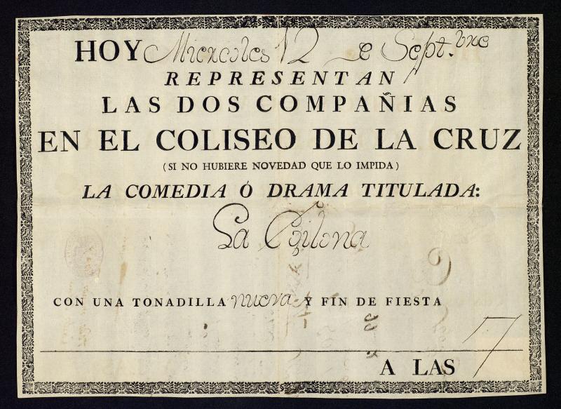 Cartel de la representacin dramtica en el Teatro de la Cruz de la comedia La Egilona, de Blas de Laserna, el mircoles 12 de septiembre de 1792 a las 7 horas