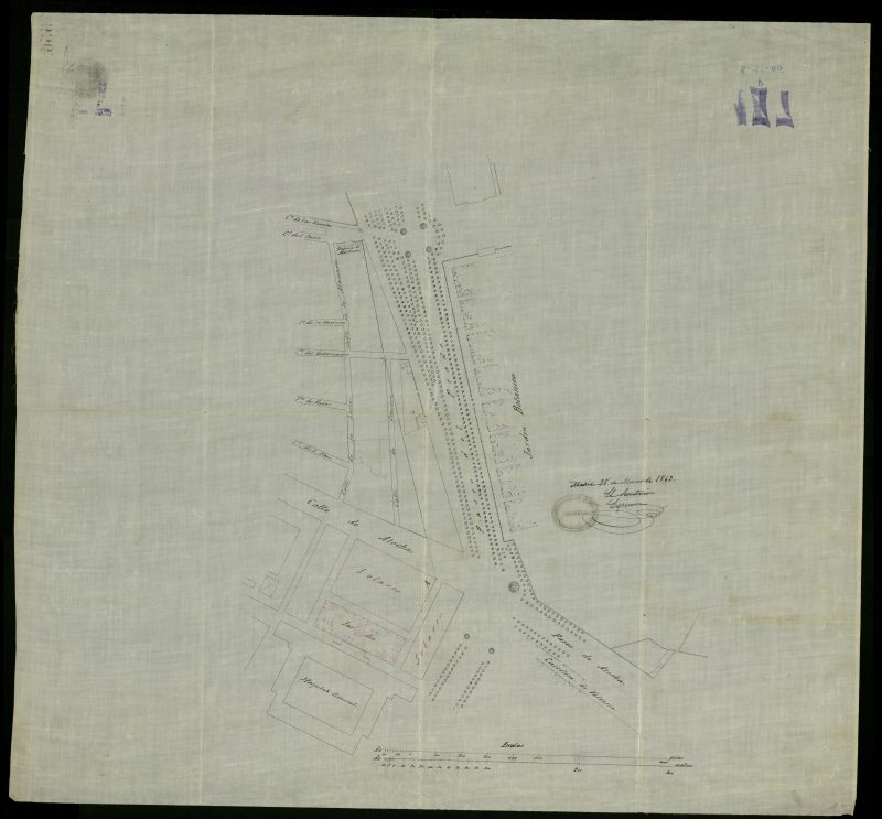 Plano de jardn y solares en la confluencia de la calle Atocha con el Paseo del Prado