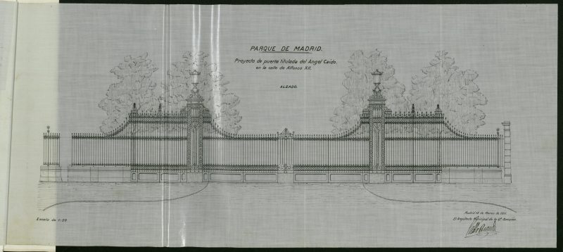 Expediente del Proyecto de construcción de las puertas-barreras para el cerramiento de la Entrada de la "Puerta del Angel Caído" en la calle Alfonso XII en el Parque de Madrid.