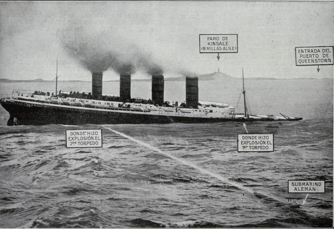 Hundimiento del Lusitania por un submarino alemn en aguas irlandesas en el que murieron 1.198 pasajeros