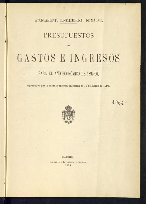 Presupuestos ordinario y extraordinario de gastos e ingresos para el ao econmico de 1895-96.
