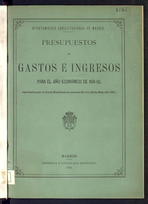 Presupuestos de gastos  ingresos para el ao econmico de 1891-92
