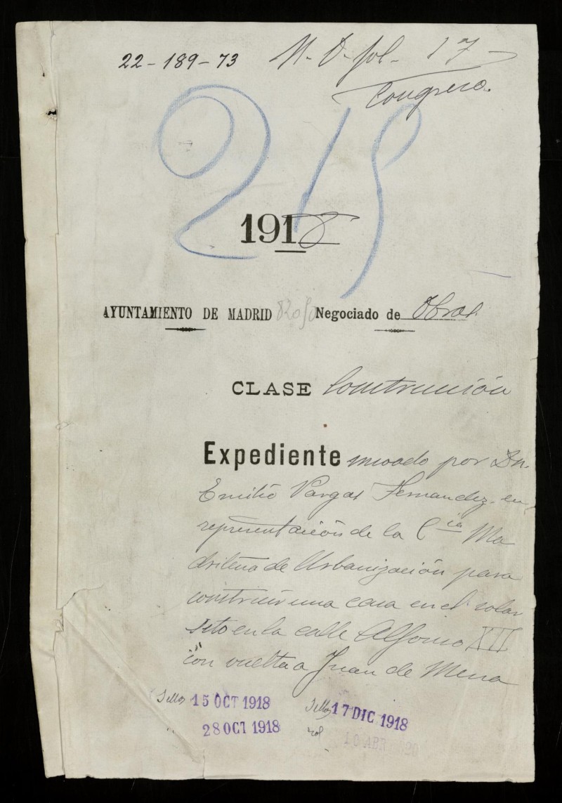 Expediente solicitud para la construccin de una casa en el solar sito en la calle Alfonso XII, c/v a Juan de Mena