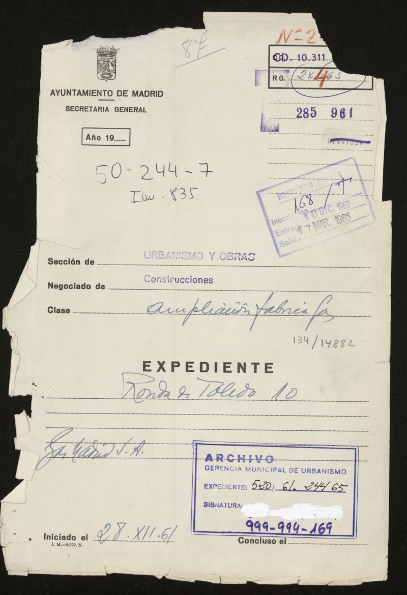 Expediente de ampliacin de fabrica en Ronda de Toledo n 10