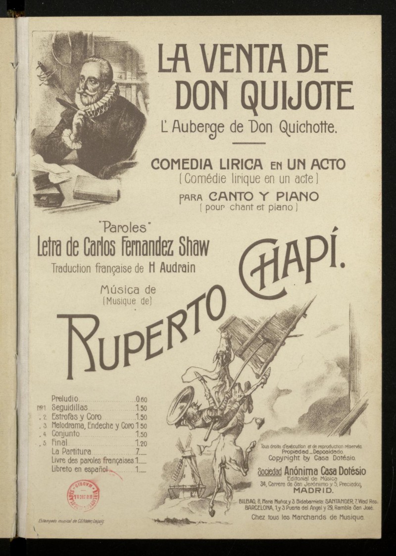 La venta de Don Quijote : comedia lrica en un acto : para canto y piano