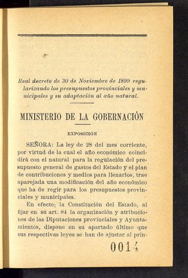 Real decreto de 30 de noviembre de 1899 regularizando los presupuestos provinciales y municipales y su adaptacin al ao natural