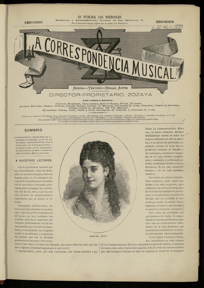 La Correspondencia musical : msica, teatros, bellas artes, de 15 de diciembre de 1880, nmero prospecto