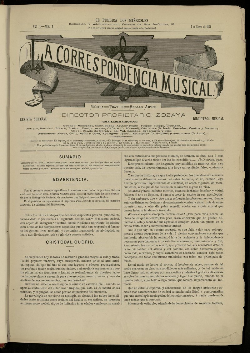 La Correspondencia musical : msica, teatros, bellas artes, de 5 de enero de 1881, n 1