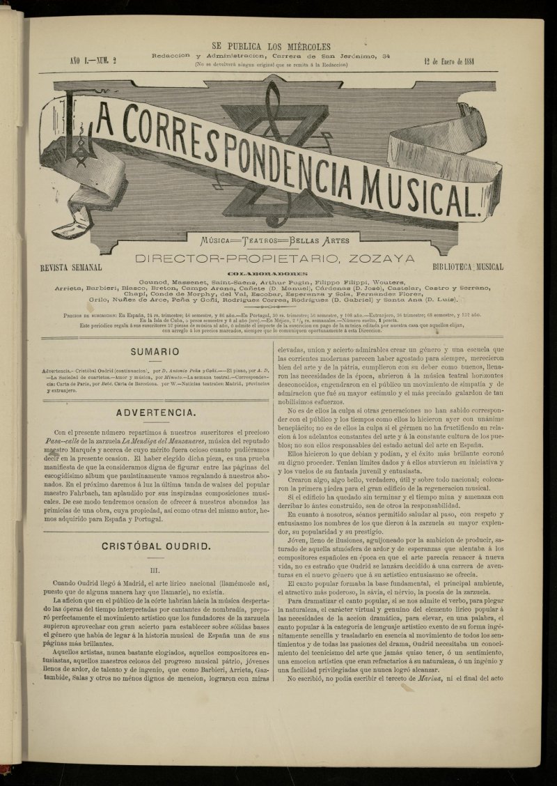 La Correspondencia musical : msica, teatros, bellas artes, de 12 de enero de 1881, n 2