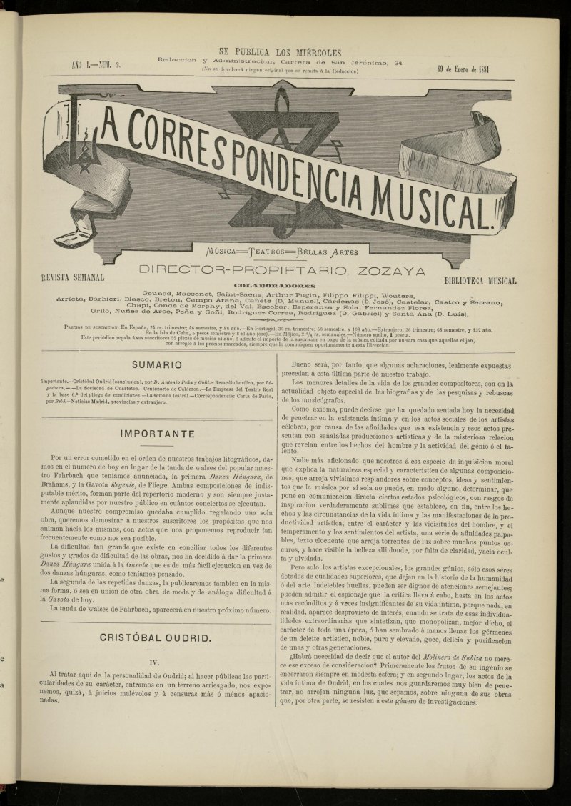 La Correspondencia musical : msica, teatros, bellas artes, de 19 de enero de 1881, n 3