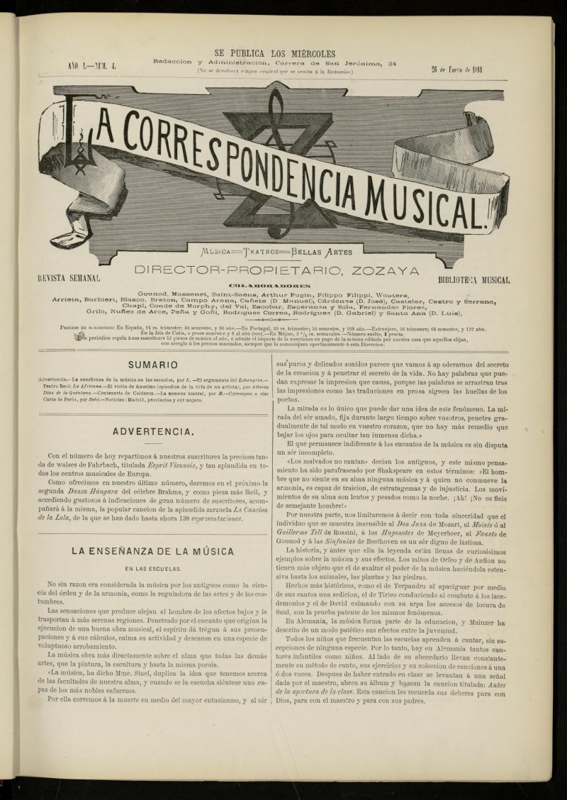 La Correspondencia musical : msica, teatros, bellas artes, de 31 de enero de 1881, nmero extraordinrio