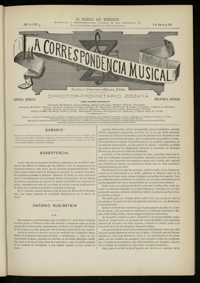 La Correspondencia musical : msica, teatros, bellas artes, de 9 de febrero de 1881, n 6