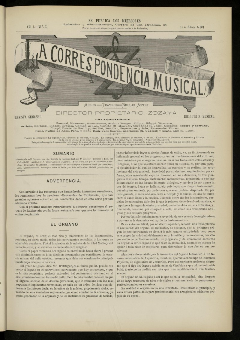 La Correspondencia musical : msica, teatros, bellas artes, de 16 de febrero de 1881, n 7