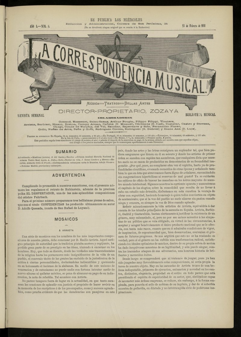 La Correspondencia musical : msica, teatros, bellas artes, de 23 de febrero de 1881, n 8