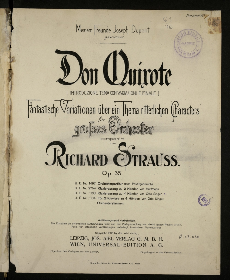 Don Quixote : Fantastische Variationen über ein Thema ritterlichen Characters für grosses Orchester : op. 35