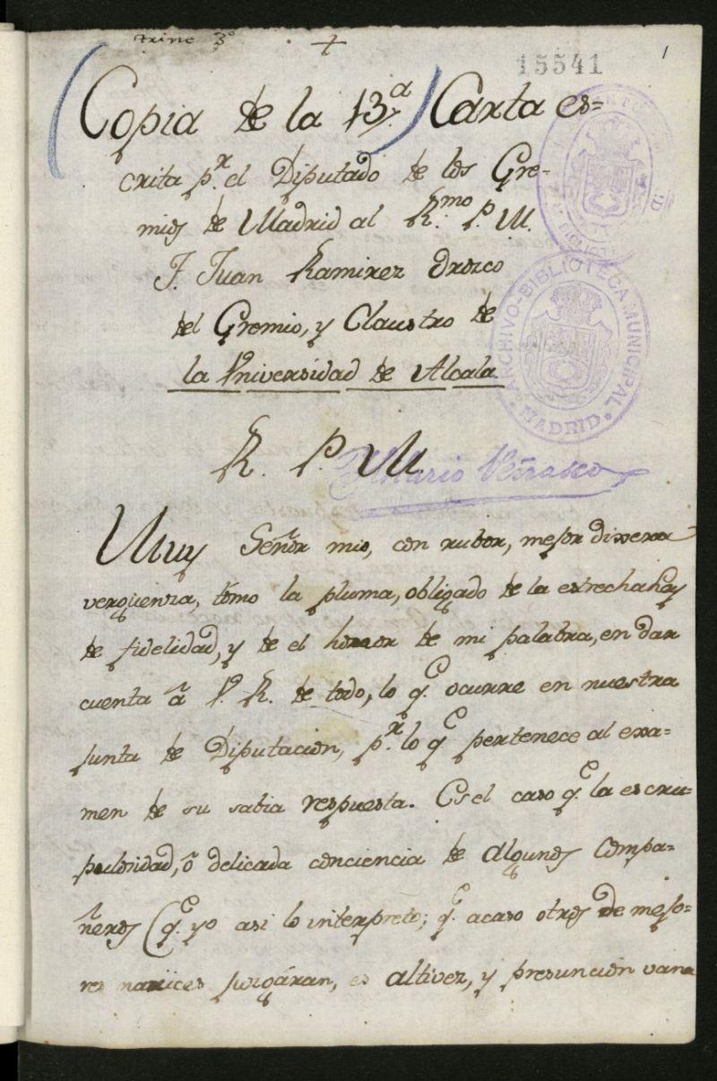Cartas de un diputado de los gremios de Madrid al R.P.M. Fray Juan Ramírez de Orozco, del gremio y claustro de la Universidad de Alcalá. Volumen III