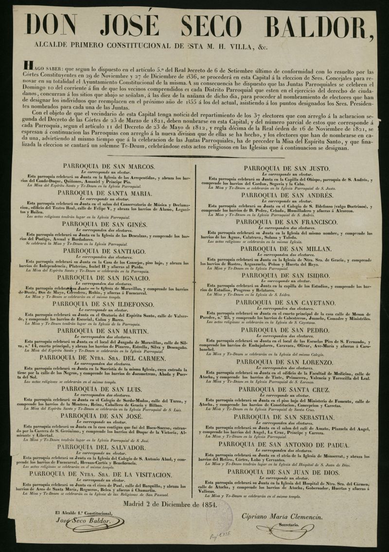 Bando del alcalde primero constitucional de la villa de Madrid convocando las Juntas Parroquiales para el da 10 de diciembre de 1854...