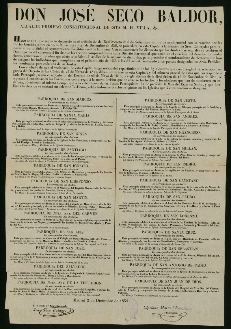 Bando del alcalde primero constitucional de la villa de Madrid convocando las Juntas Parroquiales para el da 10 de diciembre de 1854...