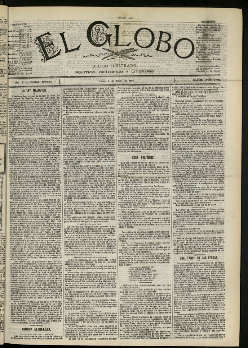 El Globo : diario ilustrado del 4 de enero de 1886, n 3720