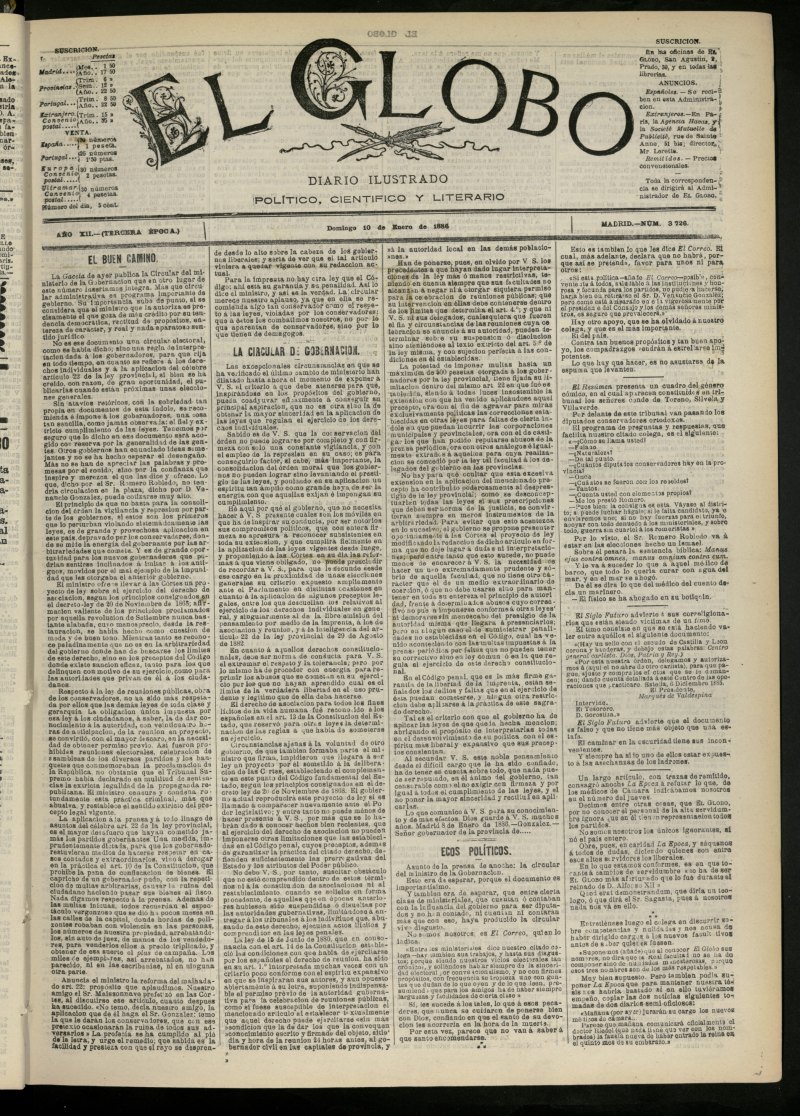 El Globo : diario ilustrado del 10 de enero de 1886, n 3726