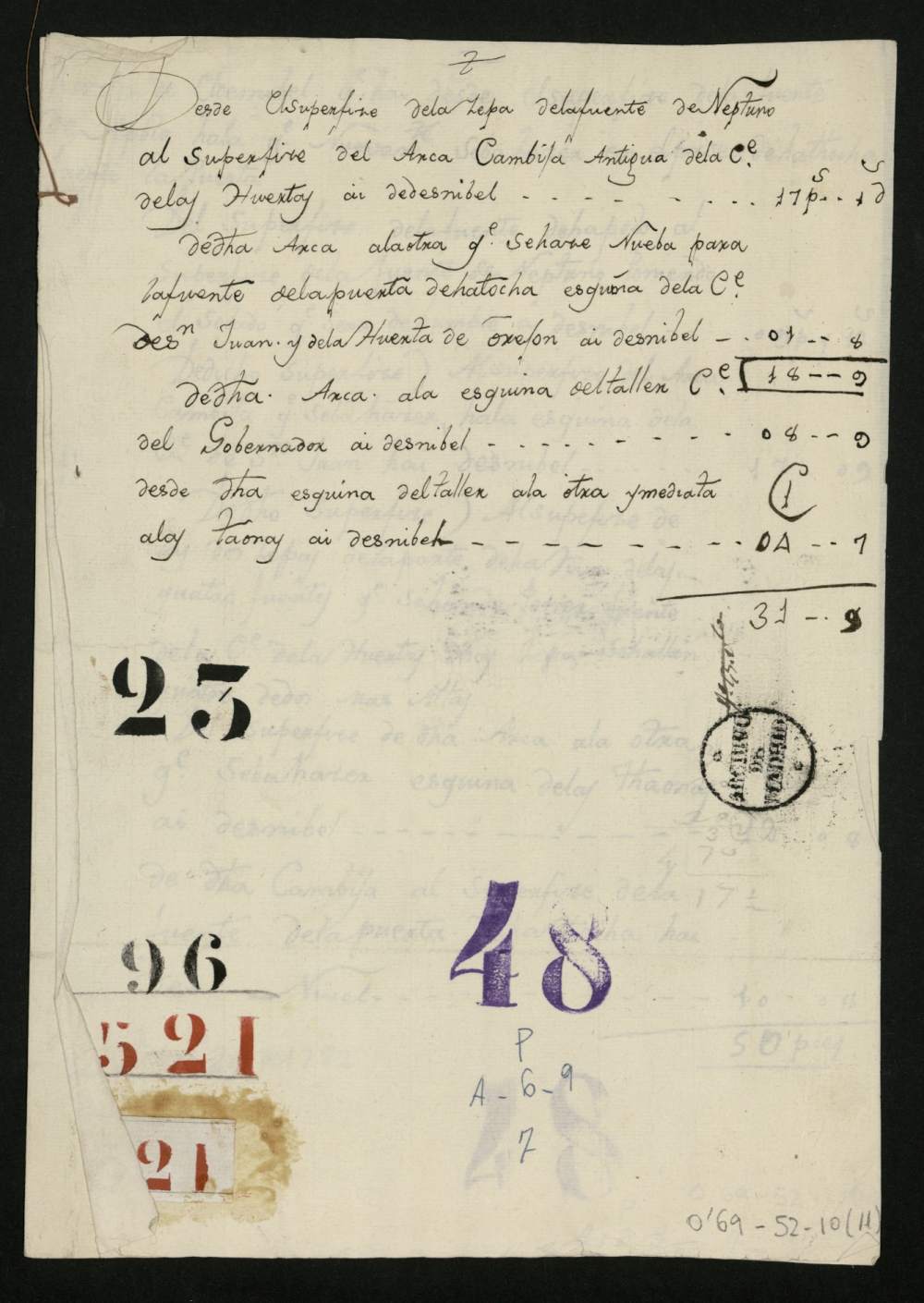 Manuscrito con los apuntes y mediciones de los desniveles para la instalación de las fuentes del Paseo del Prado