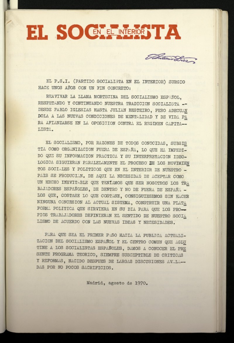 El Socialista en el Interior de agosto de 1970