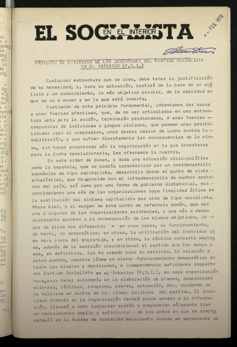 El Socialista en el Interior de febrero de 1972