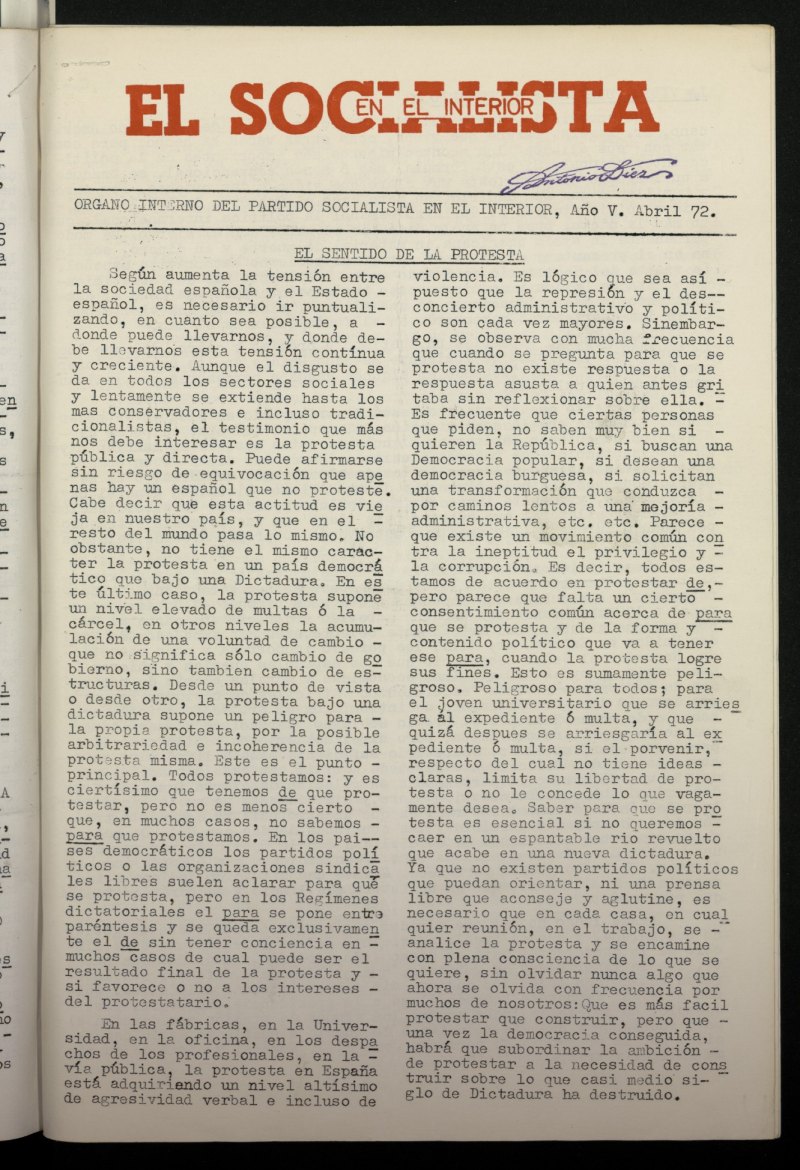 El Socialista en el Interior de abril de 1972