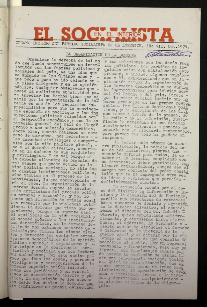 El Socialista en el Interior de octubre de 1974