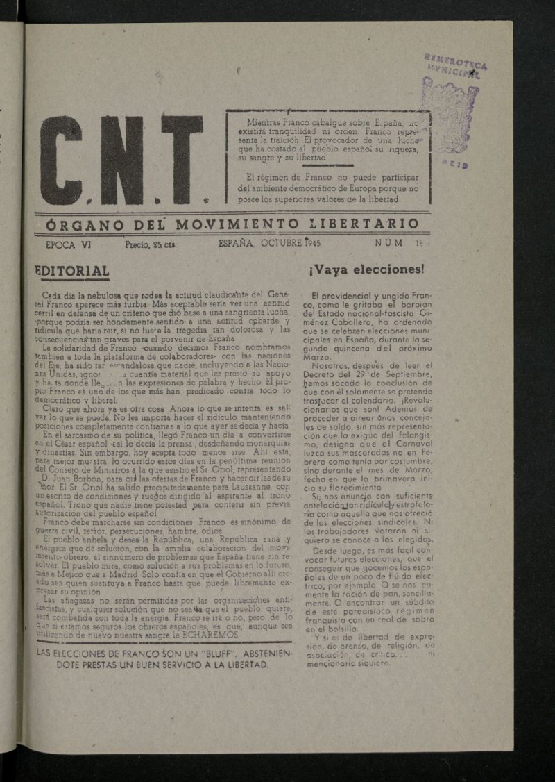 C.N.T. : Organo del Movimiento Libertario, de octubre de 1945, nº 18