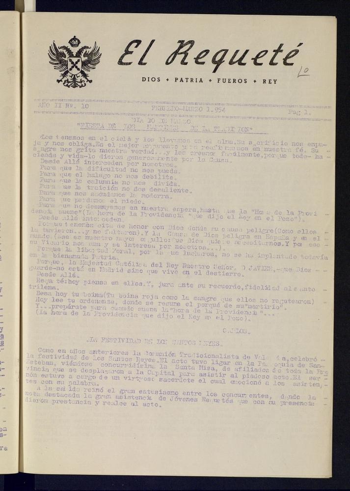 El Requet : Dios, Patria, Fueros, Rey de febrero-marzo de 1954, n 10