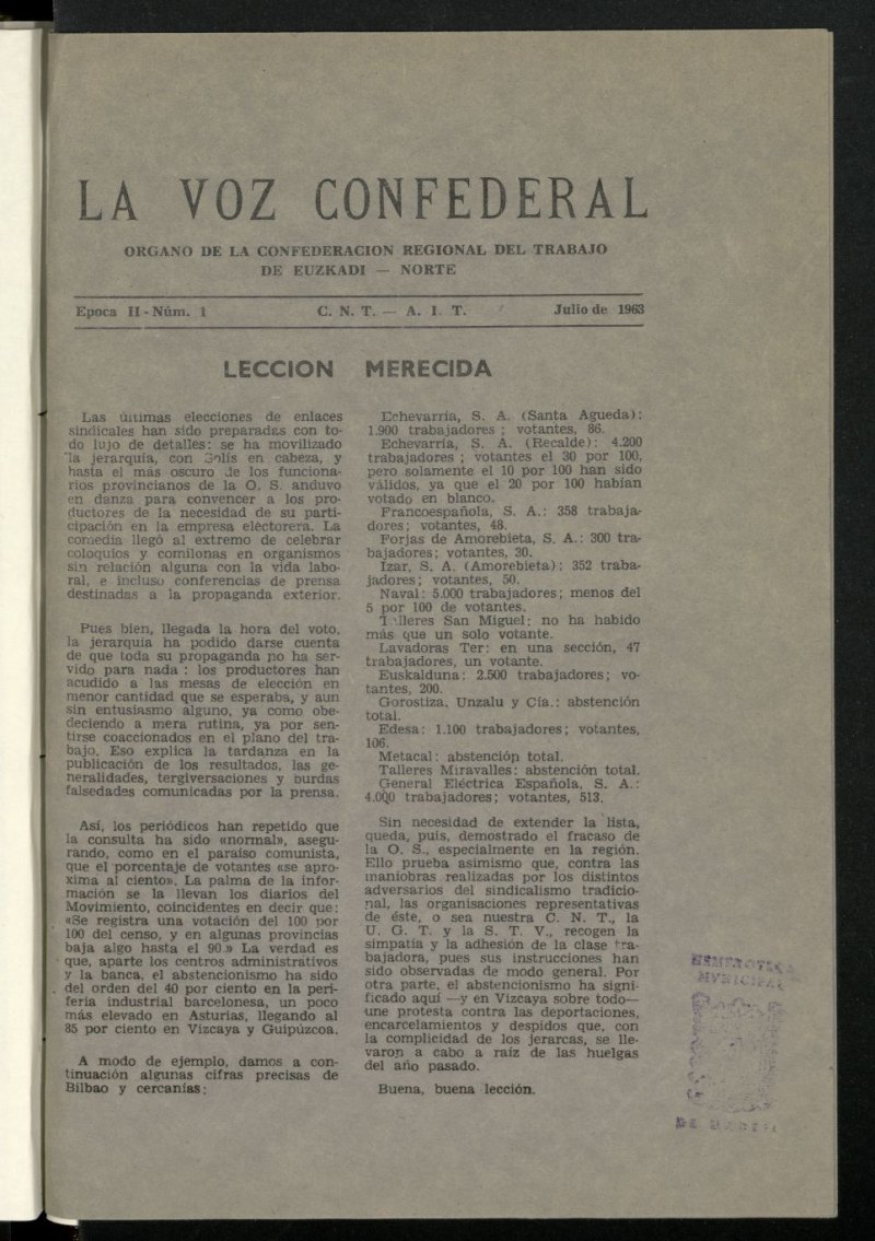 La Voz Confederal : Organo de la Confederación Regional del Trabajo de Euzkadi-Norte. C.N.T.-A.I.T. de julio de 1963, nº 1