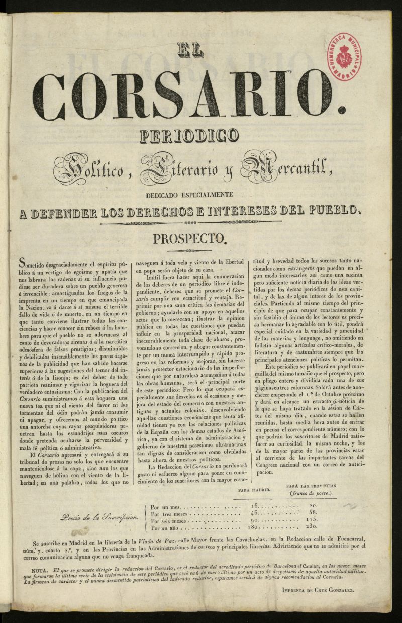 El Corsario : peridico poltico, literario y mercantil