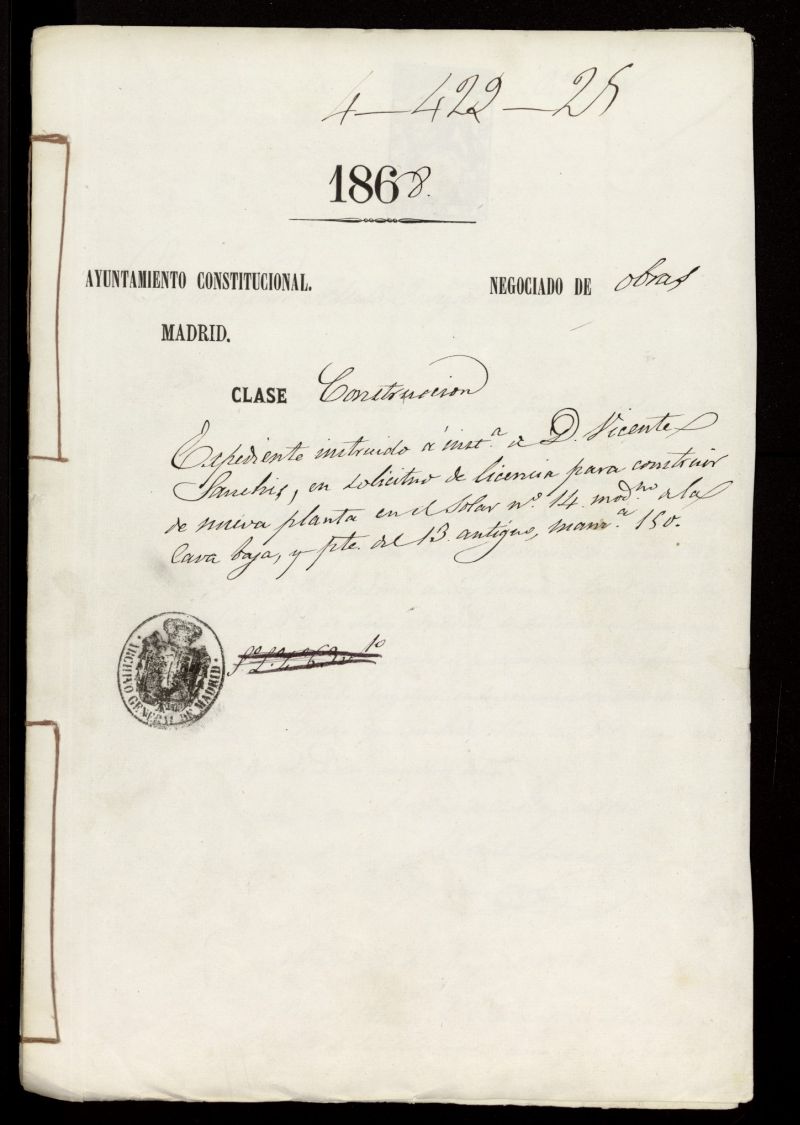 Licencia de construccin a Don Vicente Snchez en la calle de la Cava Baja n 14 moderno, 13 antiguo