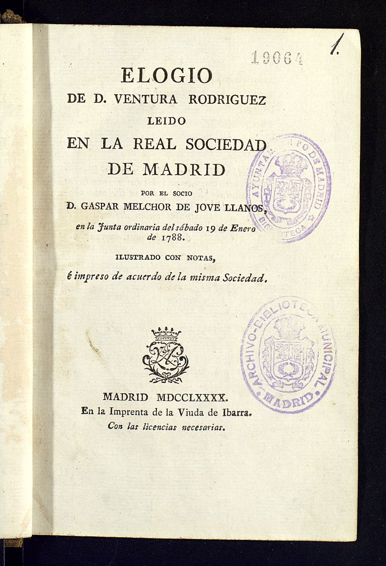 Elogio de D. Ventura Rodrguez : ledo en la Real Sociedad de Madrid