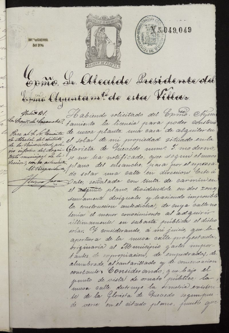 Licencia a Don Manuel Grases para construir dos casas en un terreno en la Glorieta de Quevedo y calle Real de Francia, actual Bravo Murillo