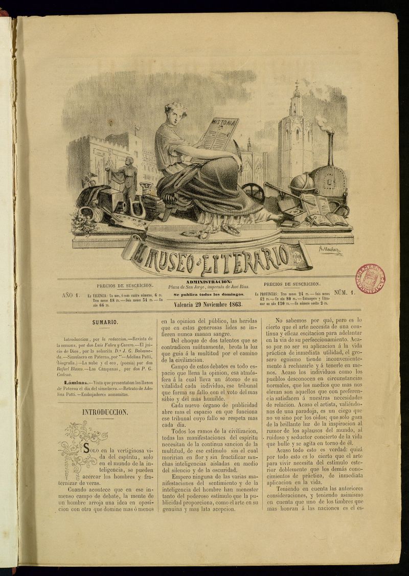 El Museo Literario : peridico semanal de ciencias, literatura, artes, industria y conocimientos tiles del 29 de noviembre de 1863, n 1