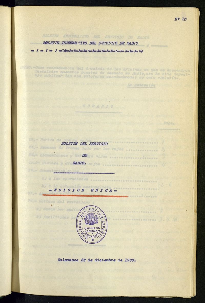 Boletn del Servicio de Radio del 22 de diciembre de 1936, n 10