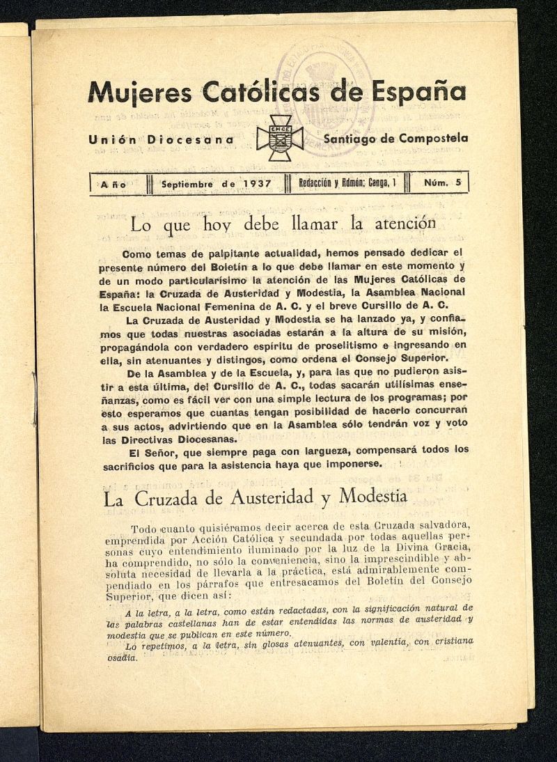 Mjeres catlicas de Espaa : Unin Diocesana Santiago de Compostela de septiembre de 1937, n 5