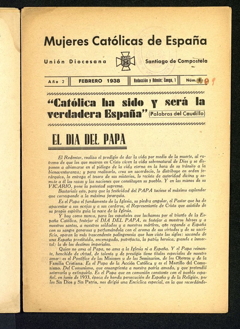 Mjeres catlicas de Espaa : Unin Diocesana Santiago de Compostela de febrero de 1938, n 9