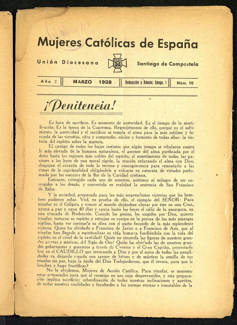 Mjeres catlicas de Espaa : Unin Diocesana Santiago de Compostela de marzo de 1938, n 10