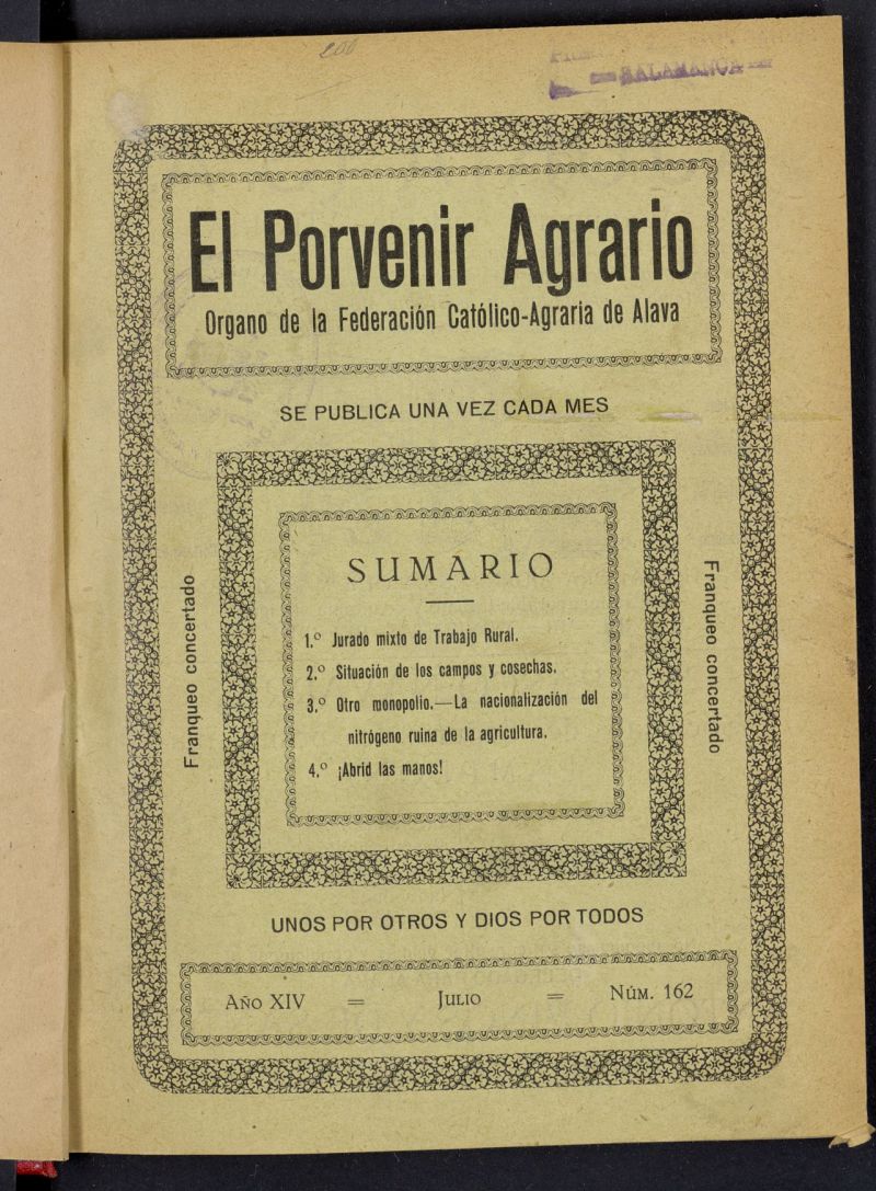 El porvenir agrario: rgano de la Federacin Catlica-Agraria de lava