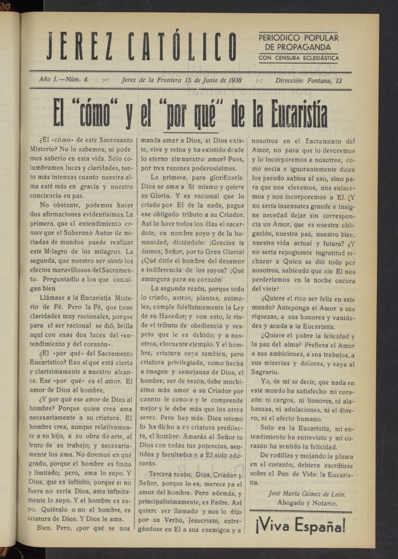 Jerez catlico : peridico popular de propaganda  del 15 de junio de 1938, n 4