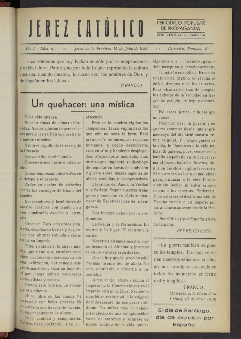 Jerez catlico : peridico popular de propaganda  del 15 de julio de 1938, n 6