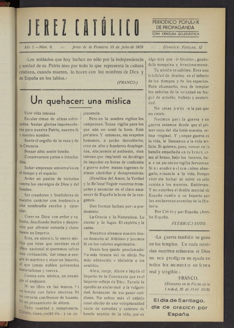 Jerez catlico : peridico popular de propaganda  del 15 de julio de 1938, n 6